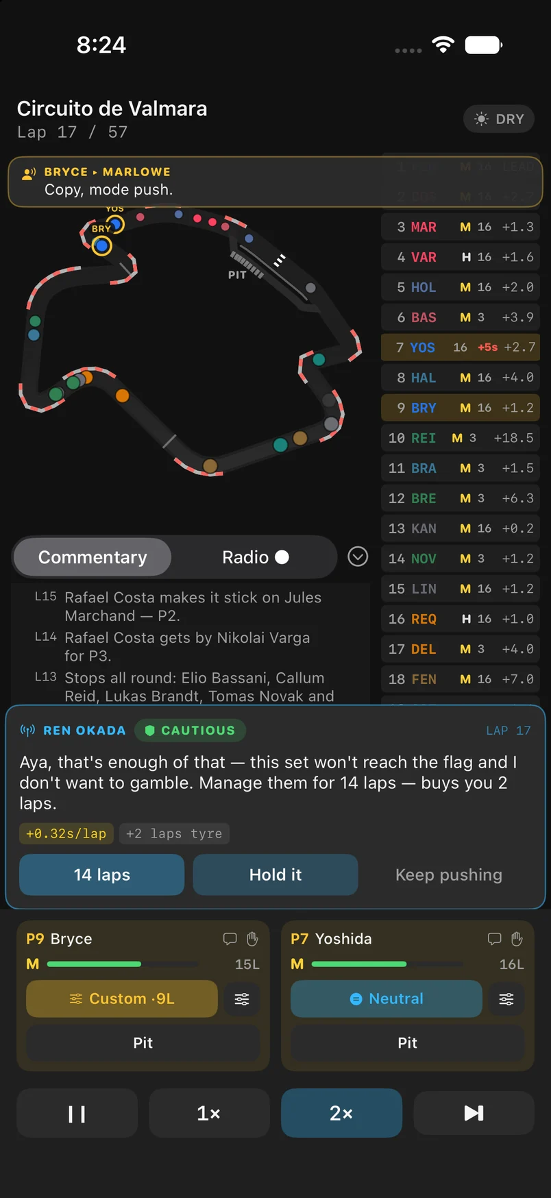 A race in progress on lap 17. The circuit map places cars at their real gap to the leader, the timing tower runs alongside, and race engineer Ren Okada is on the radio: “Aya, that’s enough of that — this set won’t reach the flag and I don’t want to gamble. Manage them for 14 laps — buys you 2 laps.” The projection reads +0.32s a lap for +2 laps of tyre, with three answers: fourteen laps, hold it, or keep pushing.